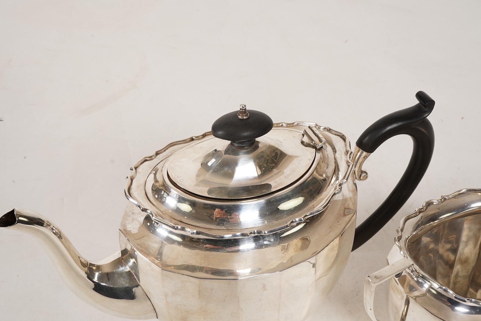 A George V silver three piece tea set by William Devonport